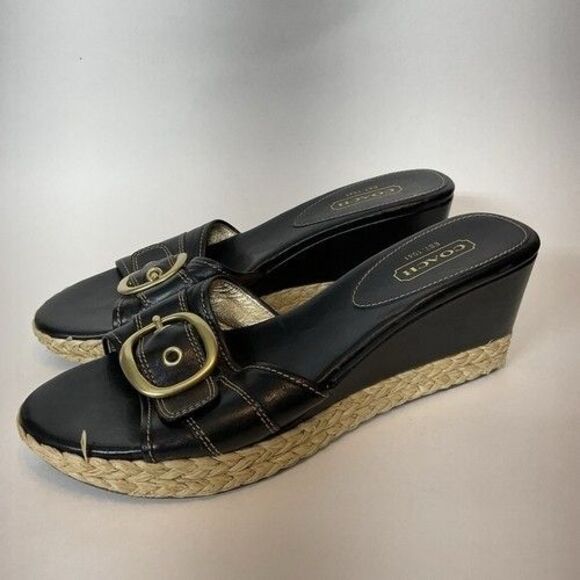Coach Greer Black Leather Espadrille Wedge Sandals Women Size 11B - Picture 1 of 12